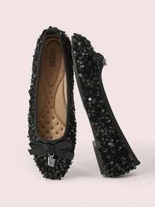 CUCCOO DOLLMOD 女式黑色珠饰蝴蝶点缀芭蕾平底鞋新年假期 - 黑色 - 查看 1