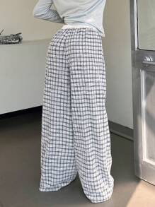 Chiquease Pantalones anchos casuales holgados a cuadros con cintura elástica para mujer - Blanco y Negro - Ver 2
