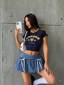SHEIN EZwear Women Denim Mini Skirt With Bowknot Flounce - Blue - View 3