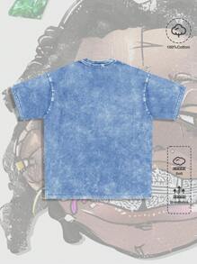 ROMWE MEN Street Life Spring/Summer Casual Graphic Men'S Vintage Distressed High Street Round Neck T-Shirt, Casual Daily Wear For Spring Summer - Blue - View 2