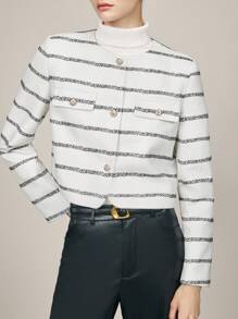 BizChic White Wool Jacket Striped Long Sleeve Coat, Elegant Women's Outerwear For Holiday, Christmas, New Year Party, Autumn/Winter, - Black and White - View 6