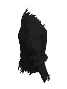 ii Plus Size Casual Solid Color Long Sleeve Fringe Trim Simple Pullover Sweater For Women, For Winter - Black - View 5