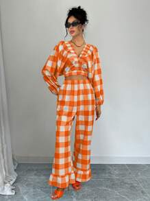 Chiquease Gingham Print Batwing Sleeve Crop Top & Flare Leg Pants - Orange - View 3
