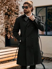 Manfinity Homme Men's Solid Color Double Breasted Casual Long Sleeve Trench Coat, Gifts For Boyfriend, Going Out Black Fall Trench Coat