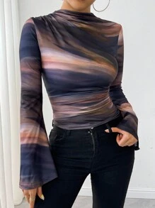 Calvaya Tie-Dye Print Asymmetric Pleated Collar Flared Sleeve T-Shirt Graphic Tees Women Tops