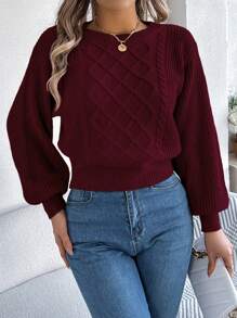 Casual Basic Cabled Knit Crew Neck Long Sleeve Sweater, Autumn/Winter,Long Sleeve Tops - Burgundy - View 5