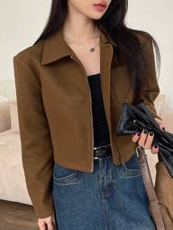DAZY Chaqueta corta con cremallera frontal de manga larga y unicolor, nueva temporada de otoño para mujer