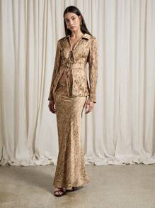 AiiRZ Snake Print Collared Tie Front Long Sleeved Blouse