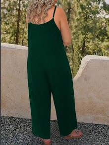 SHEIN LUNE Mono de talla grande de un solo color con tirantes de espagueti y bolsillo, uso diario casual - Verde Oscuro - Ver 2
