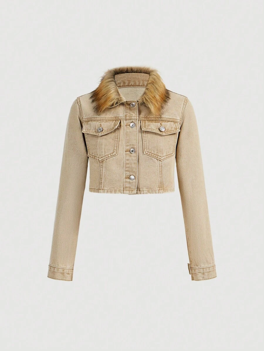 SHEIN MOD Women's Fluffy Panel Front Button Pocket Long Sleeve Casual Denim Jacket - Khaki - View 1