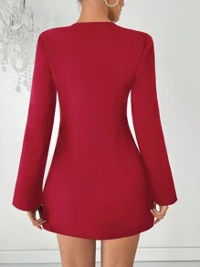 Chiquease Vestido corto de cóctel elegante y sexy con cuello en V profundo, cadena de diamantes, lazo y manga abombada para mujer, color negro para ropa de Año Nuevo - Rojo - Ver 2