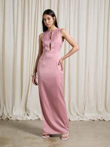 AiiRZ Satin Sleeveless Key Hole Tailored Maxi Dress - Pink - View 1