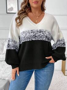 SHEIN LUNE Pull ample décontracté à col en V, manches longues, dégradé noir et blanc contrastant, tenue décontractée femme, tenue de vacances, hauts de campagne