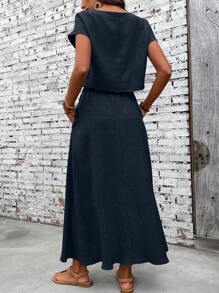 EMERY ROSE 2pcs Women's Solid Color Short Sleeve Top And Skirt Casual Set - Navy Blue - View 2