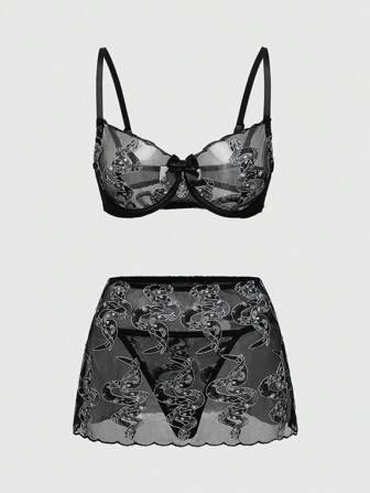 Goth 3pcs Gothic Snake Embroidered Underwire Sexy Lingerie Set