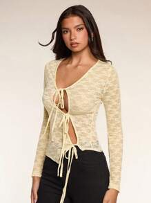 Glamine Lace Tie Bow Long Sleeve Asymmetrical Fall Women Top - Yellow - View 1