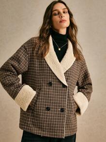 Poéselle 卡其色翻领千鸟格印花复合绒长袖休闲宽松外套，超大款外套，复古外套，老钱风格，女士外套，秋季女装，冬季女装外套，蓬松外套，女士面巾外套，2024秋冬系列 - 彩色 - 查看 6