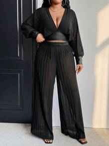 Maweii Plus Size Women PU Patchwork Casual Pleated Batwing Sleeve Top & Wide Leg Pants Set - Black - View 2