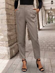 EMERY ROSE Pantalones de traje de mujer de cuadros simples con bolsillos, ropa casual de invierno