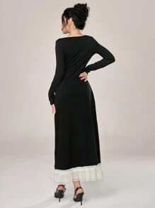 Modelyn Women's Solid Square Neck Elegant Long Sleeve Dress