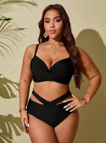Plus Size Zomer Strand Effen Kleur Ondersteunende Spaghetti Bandjes Uitgehold Vakantie Bikini Set