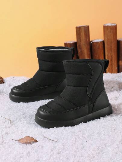 1 Pair Kids' Black Hook And Loop Lined Warm Snow Boots, Suitable For Autumn/Winter Outdoor Activities
