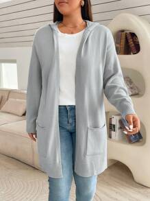 SHEIN Essnce Áo khoác cardigan dài màu xám có mũ trùm đầu cỡ lớn dành cho nữ có túi, giản dị và thời trang - Xám - Xem 3