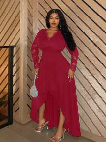 Slaydiva Plus Size Elegant Waist Cinched Long Sleeve Contrast Lace High And Low Dress - C
