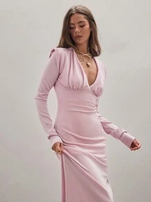 COSMINA 女士纯色 V 领长袖开衩下摆连衣裙 - 粉色 - 查看 8