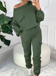 INAWLY 2pcs/Set Women Casual Pocket Pants & Oblique Shoulder Sweatshirt