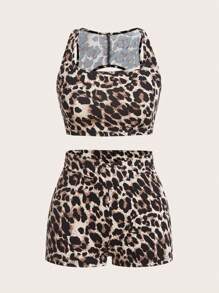 SHEIN EZwear 女士方领和方领短款上衣和全长紧身裤套装，时尚豹纹针织连体裤 - 卡其色 - 查看 5