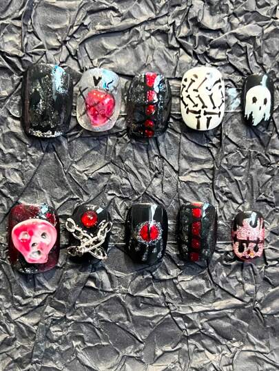 Goth 10pcs Gothic Style Ghost Nail Tips, High Quality Handmade Fake Nails, Y2K Punk, Removable Hand-Painted Nail Stickers Suitable For Holiday Parties, Dancing & Daily Wear