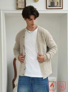 Manfinity Hypemode Cardigan casual de manga larga de un solo pecho con bolsillo de unicolor con cuello en V para hombre, otoño e invierno