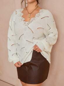 SHEIN Unity Plus Size Women's V-Neck Long Sleeve Contrast Lace Pullover Sweater, Autumn/Winter Knit Pullover Fall - White - View 3