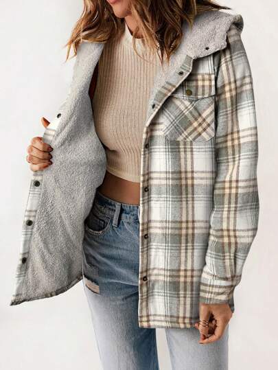 ASVIVID Plaid Print Flap Pocket Hooded Coat