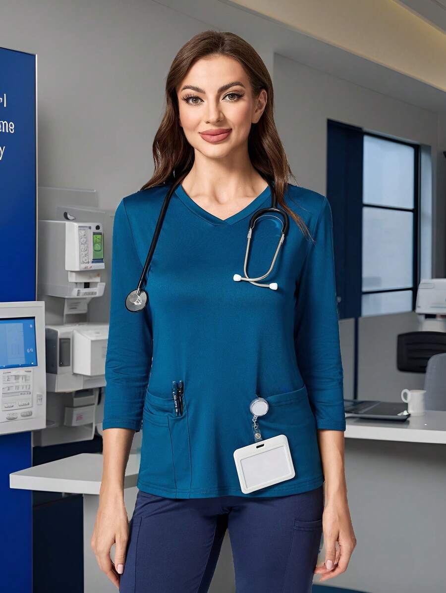 TaskEZ Simple V-Neck Long Sleeve Pocket Scrub Uniform Top
