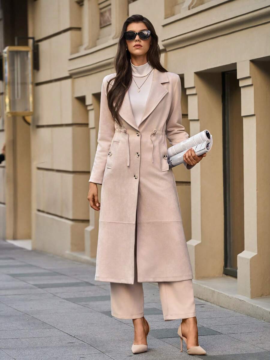RueChic Cappotto lungo con vita regolabile tramite cordoncino - Beige - Visualizzare 1