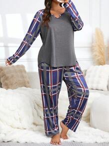 Conjunto de pijama de pantalón y parte superior de contraste de color a cuadros de manga raglán casual de primavera y otoño para mujeres de talla grande