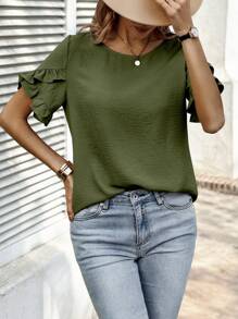 SHEIN Clasi Solid Color Round Neck Ruffle Trim Short Sleeve Blouse, Summer - Army Green - View 4