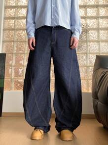 Manfinity Roghcode 男士深蓝色水洗宽松筒状牛仔裤，宽松水洗牛仔裤，送给丈夫、男友的礼物 - 深色水洗藍 - 查看 1