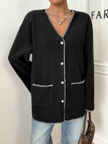 SHEIN EZwear Women's Contrast Stitching Fleece Knit Cardigan - Black - View 5