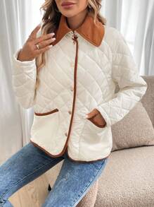 SHEIN LUNE Women's Autumn Winter White And Brown Hooded Padded Coat,Corduroy Collar Button Closure Color Blocking Quilted Diamond Pattern Casual Occasion Jacket - White - View 6