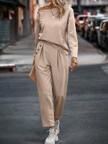 SHEIN LUNE Asymmetrical Neck Button Detail Drop Shoulder Top & Slant Pocket Ruched Pants - Khaki - View 3