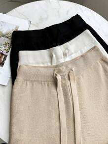 Franclia 全新女式高腰抽绳休闲直筒阔腿裤，厚款保暖内衬针织长裤