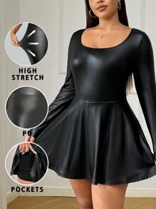 SHEIN EZwear 大码女式圆领长袖黑色连体裤 - 黑色 - 查看 6