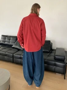 Mainfolk 男士休闲宽松纯色长袖编织衬衫 - 紅色 - 查看 2