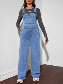 SHEIN Maternity Loose Fit Denim Bib Pants, Blue Women Mom Jeans Baggy Women Jeans,Baggy Vintage Jeans,Winter Women Pants Women's Casual Loose Wide-Leg Jeans - Blue - View 5