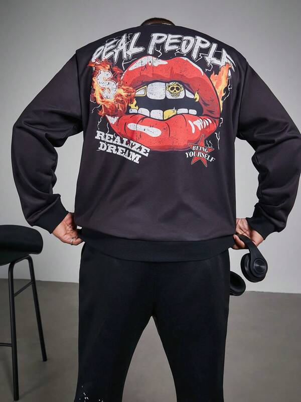 Manfinity Roughcore Plus Size Men's Round Neck Long Sleeve Lip Print Casual Pullover Sweatshirt