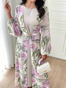 Al Najma Set 2 Potong Pakaian Wanita Musim Semi dan Gugur Motif Bunga Lengan Lentera dan Gaun Leher Bulat Warna Polos, Set Elegan 2 Potong - Purple - View 2