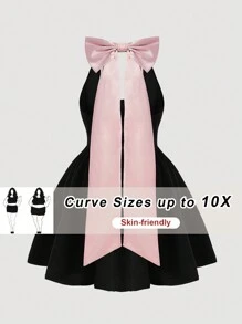 SHEIN CURVE+ Vestido de primavera de talla grande con bloqueo de colores y lazo dulce, para ocasiones de fiesta y citas - Negro - Ver 1